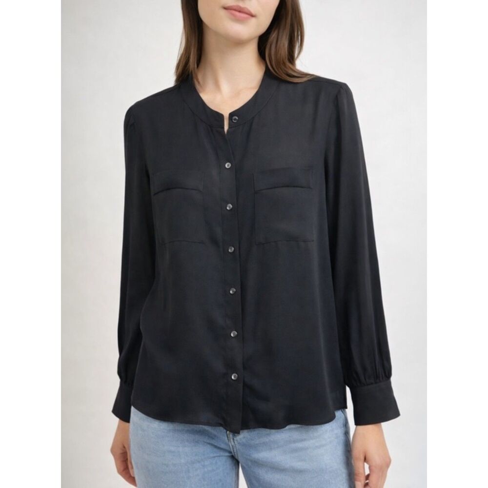 Theory Silk Blouse Black Band Collar Long Sleeve Button Front Top Size Medium